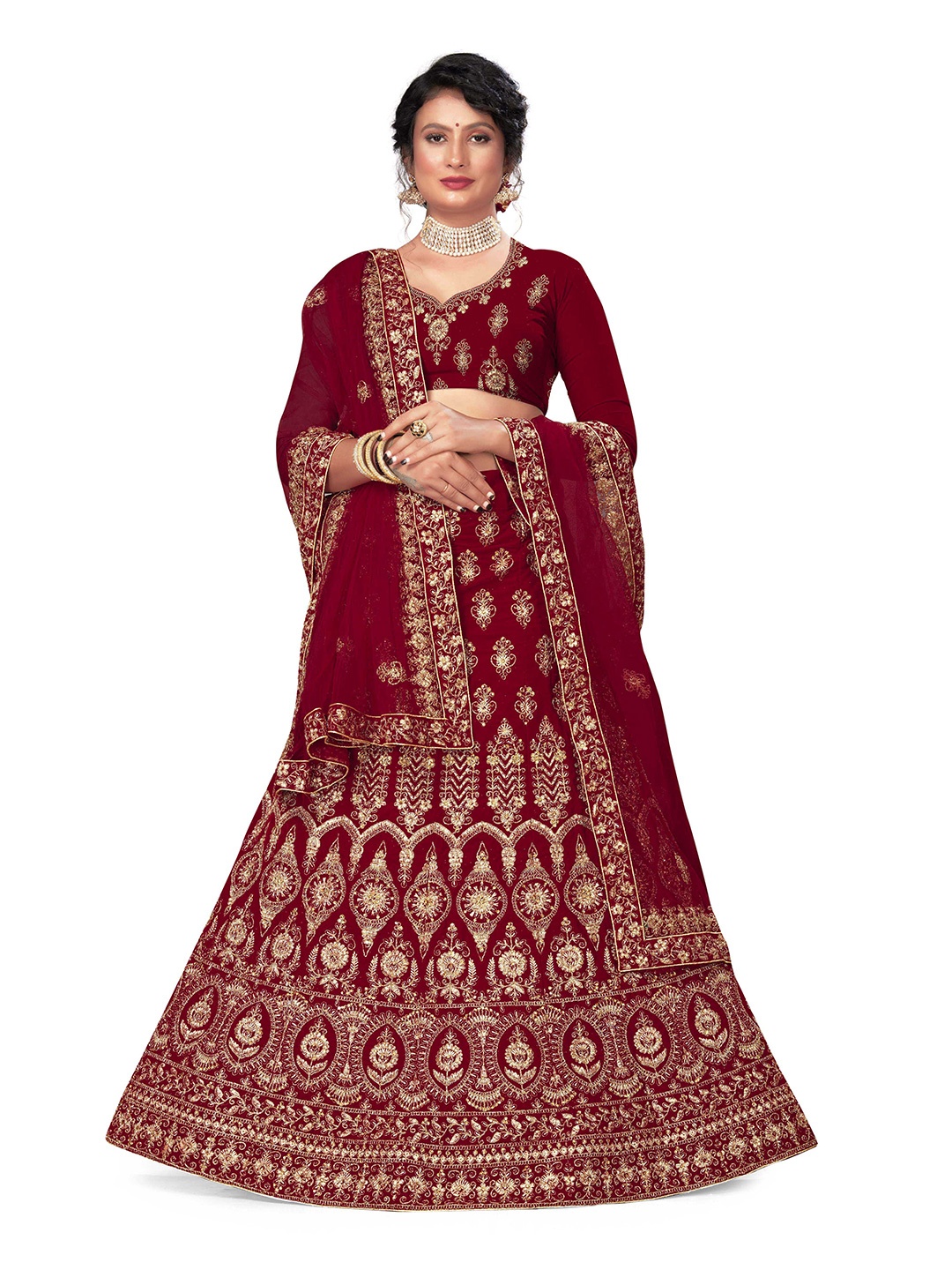 

Maroosh Embroidered Thread Work Unstitched Lehenga & Blouse With Dupatta, Maroon