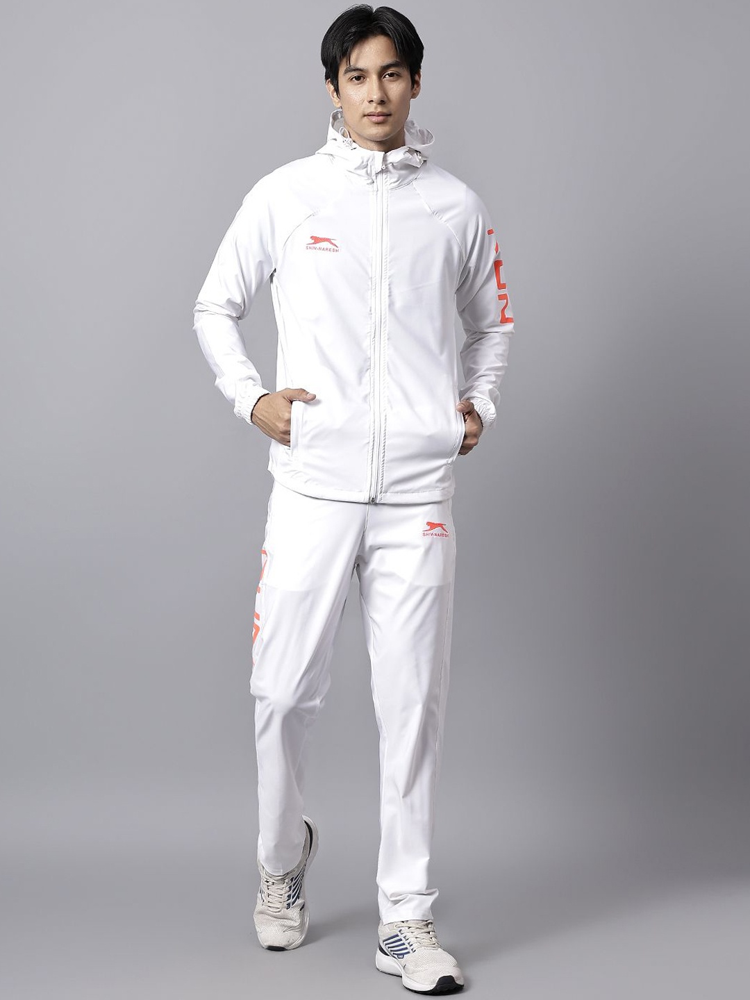 

Shiv Naresh Men Brand Logo Printed Hooded Tracksuits, White