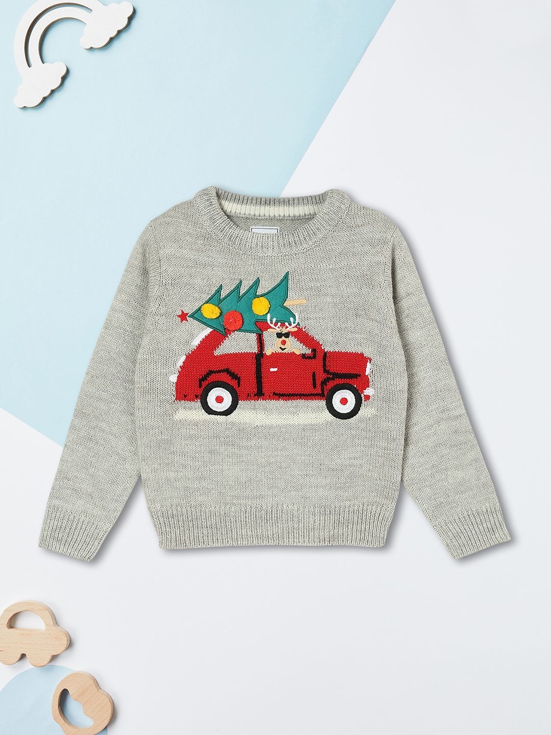 

max Boys Graphic Embroidered Pullover Sweater, Grey