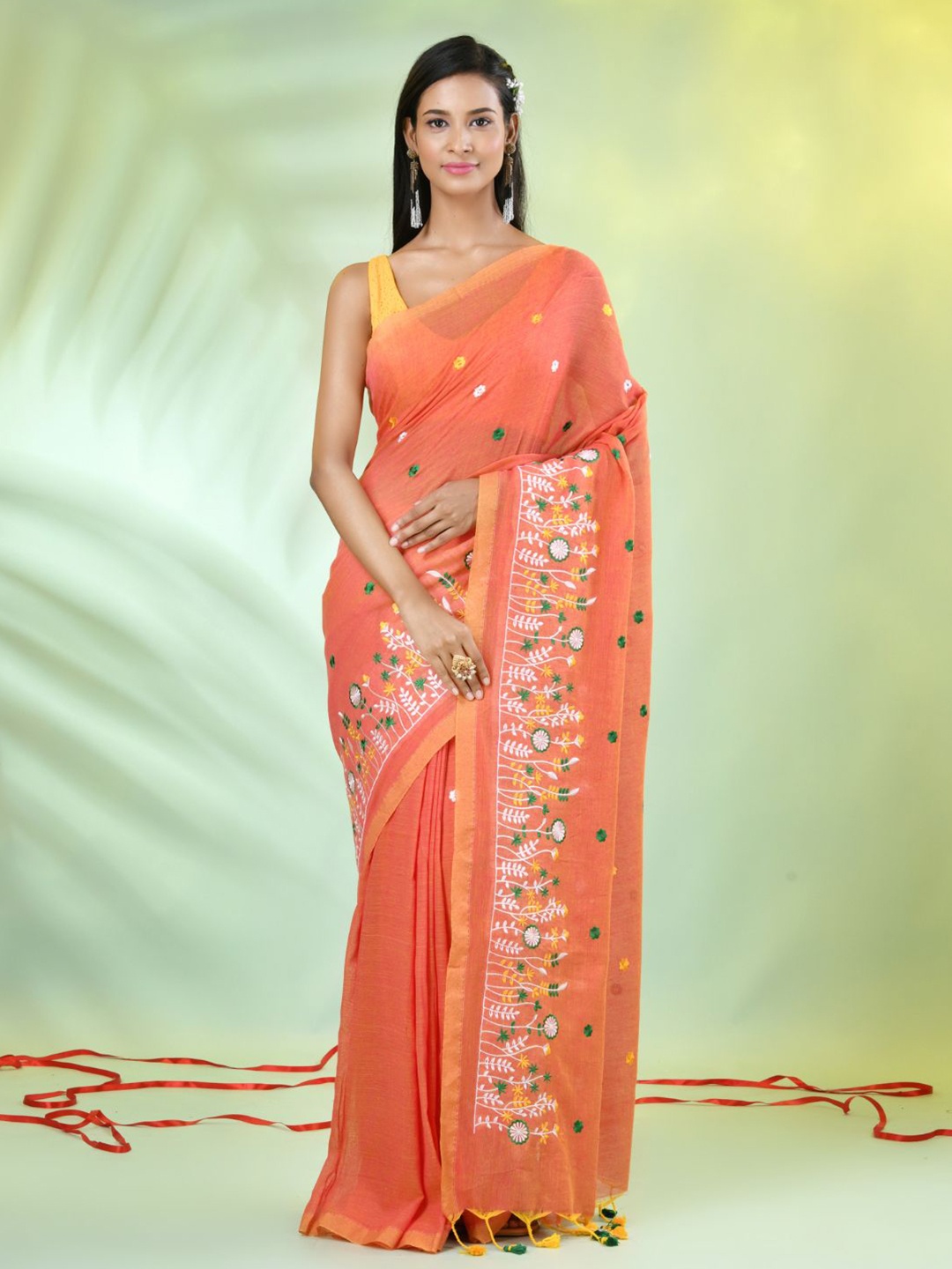 

Charukriti Floral Embroidered Pure Cotton Saree, Orange