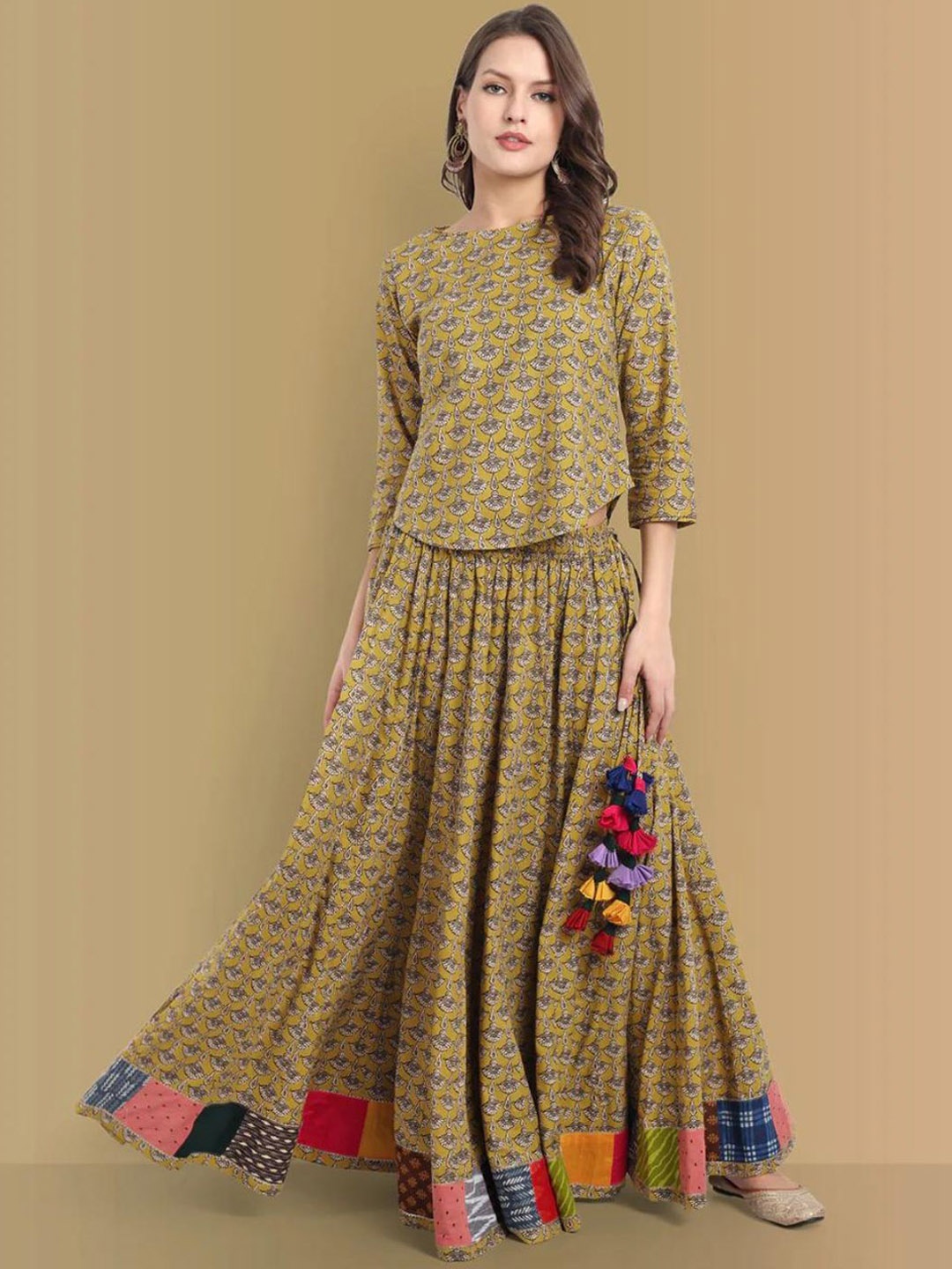 

Mera Rang Printed Cotton Top With Long Flared Skirt Co-Ords, Mustard