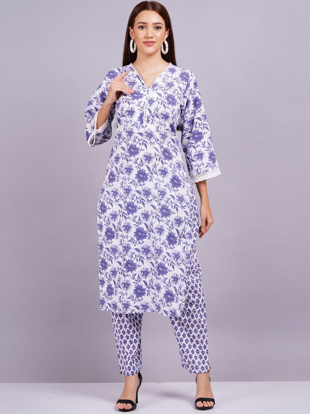 

KALINI Floral Printed Three-Quarter Sleeves Regular Pure Cotton Kurta With Trouser, Purple