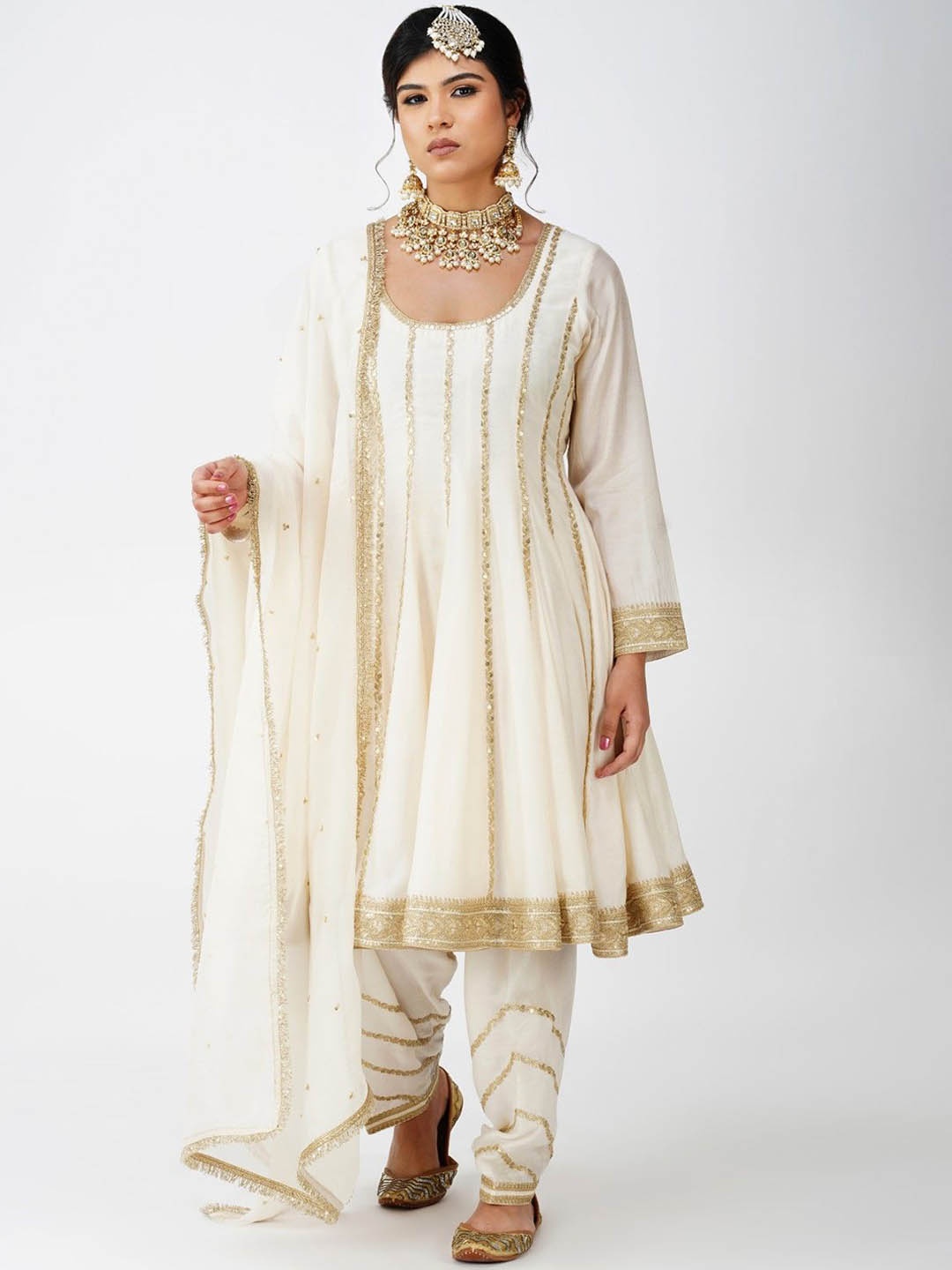 

KOVET Zari Embroidered Panelled Pure Silk Anarkali Kurta with Salwar & Dupatta, Beige