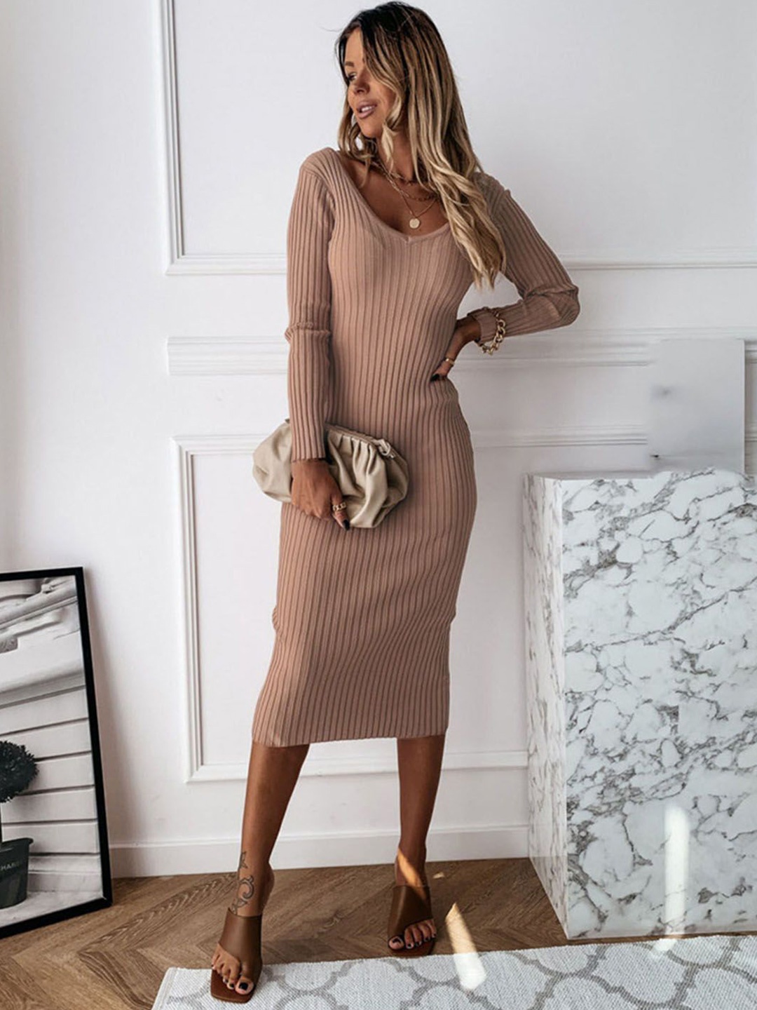 

StyleCast Women Striped Midi Dress, Brown