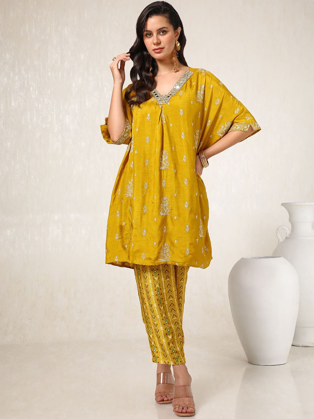 

Soch Floral Embroidered V-Neck Short Sleeves Tunic With Trouser, Mustard