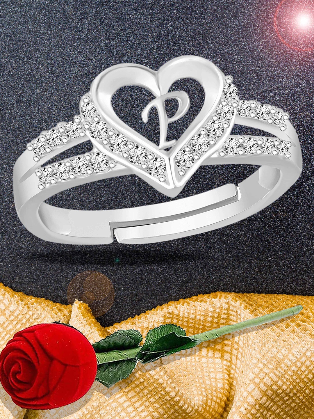 

Lila Silver-Plated American Diamond Stone Studded Alphabet P Adjustable Finger Ring