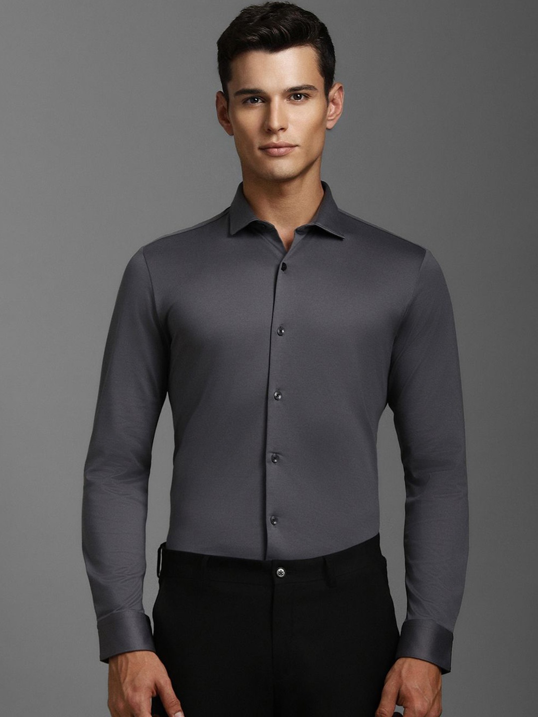 

Louis Philippe Men Spread Collar Solid Cotton Slim Fit Formal Shirt, Grey