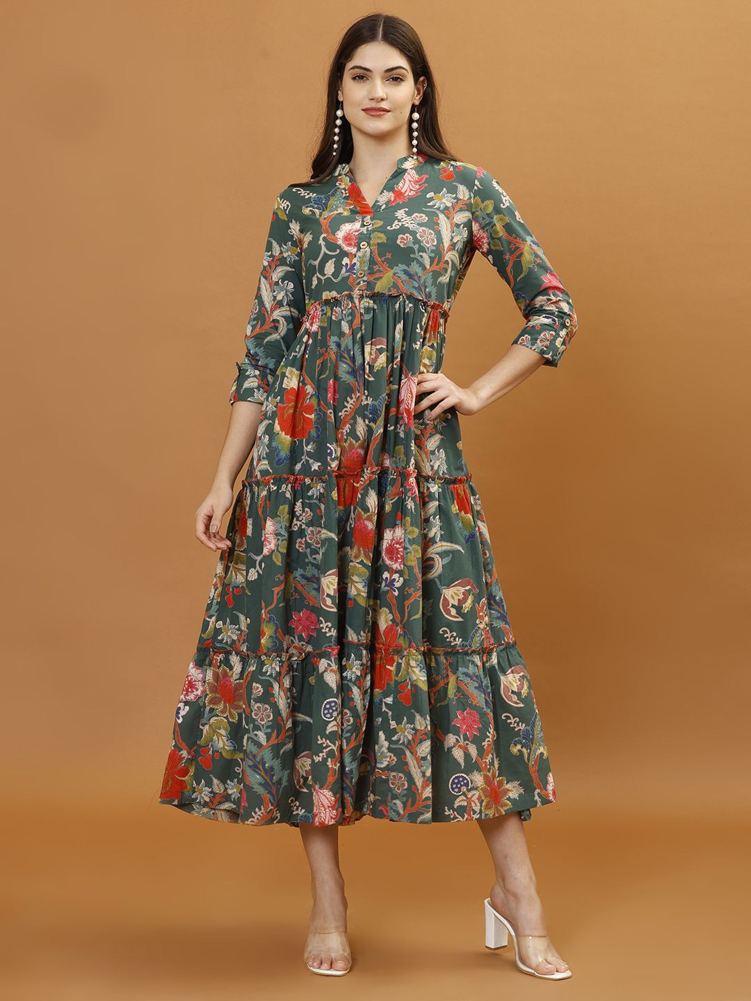 

Meena Bazaar Floral Printed Fit & Flare Cotton Midi Dress, Green