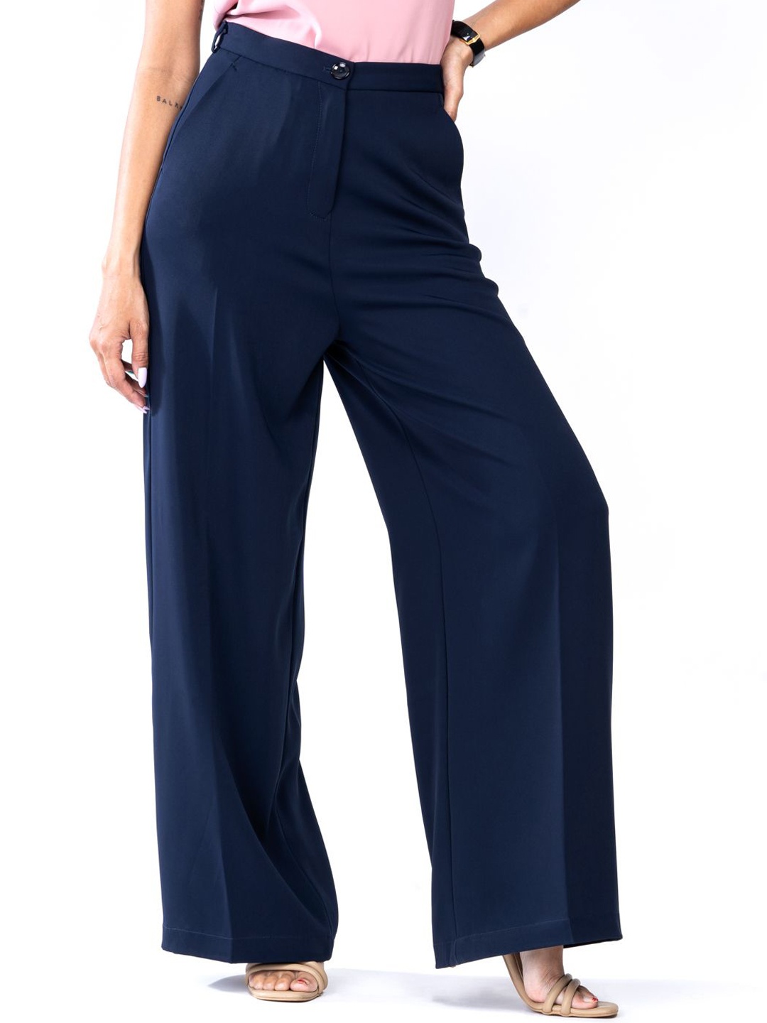 

D'Almirah Women Comfort Flared High-Rise Wrinkle Free Trousers, Blue