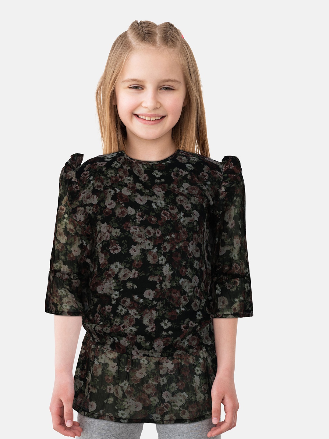 

Gini and Jony Girls Floral Printed Round Neck Cotton Top, Black