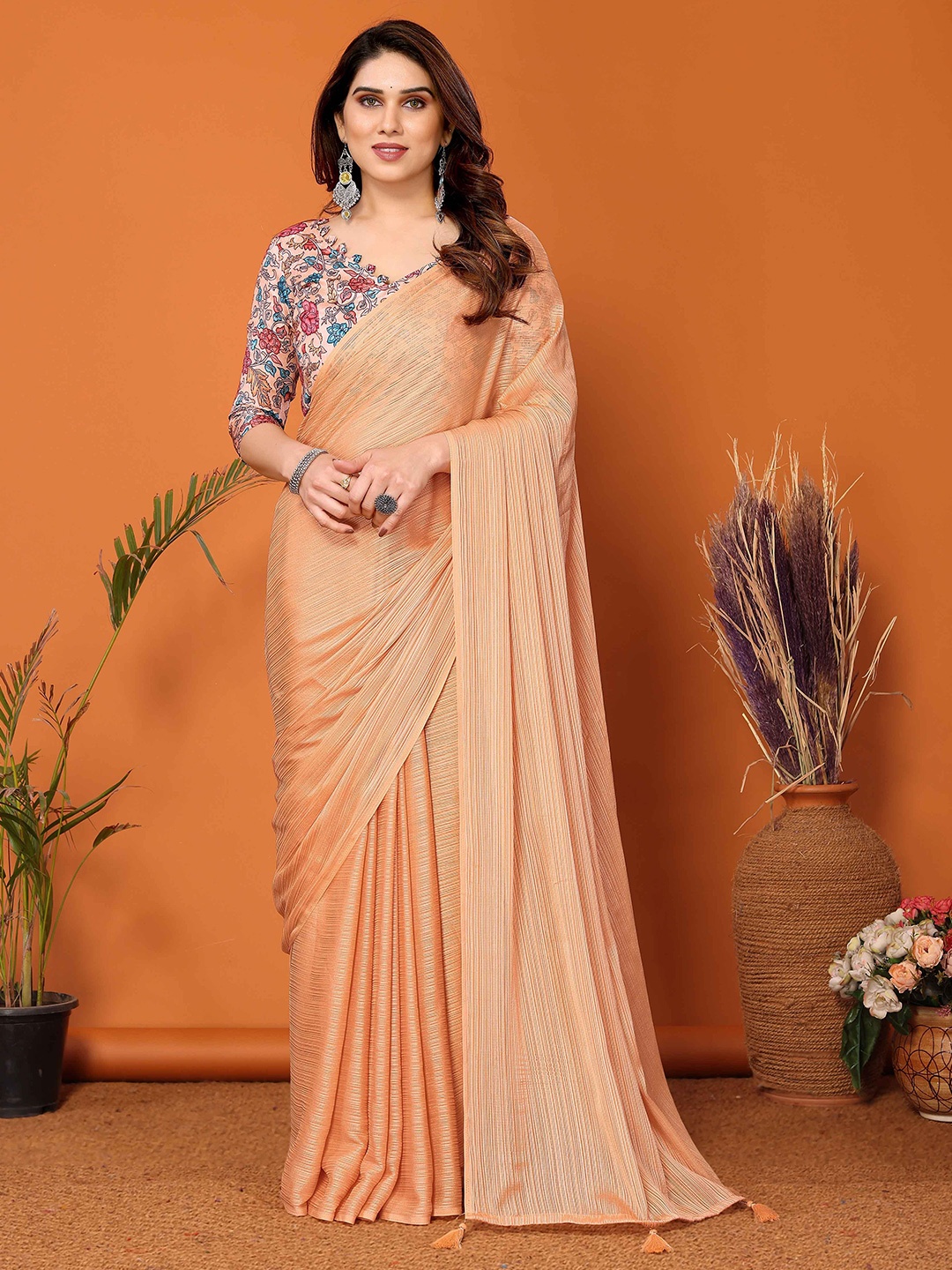 

Shee Star Striped Saree With Kalamkari Digital, Peach