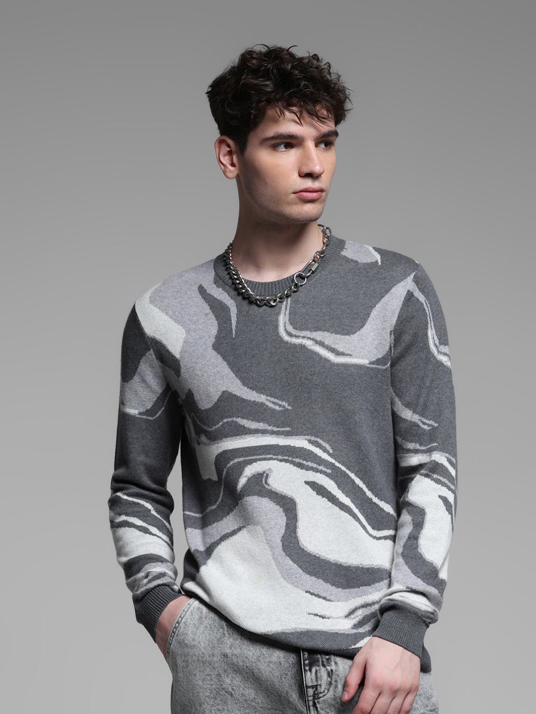 

Jack & Jones Men Pure Cotton Abstract Printed Pullover Sweater, Grey