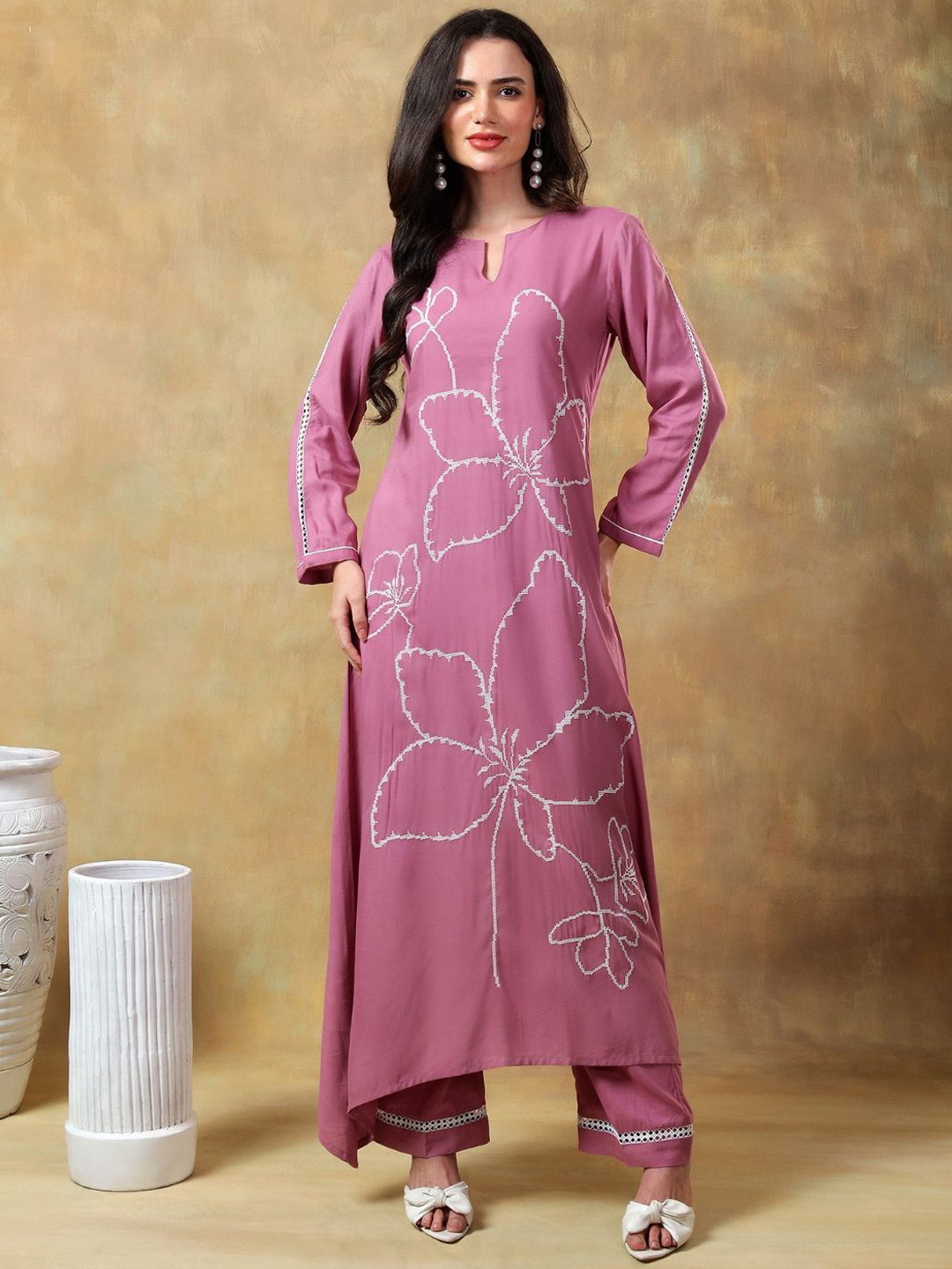 

ANGITA Embroidered Tunic With Palazzo Co-Ords, Purple