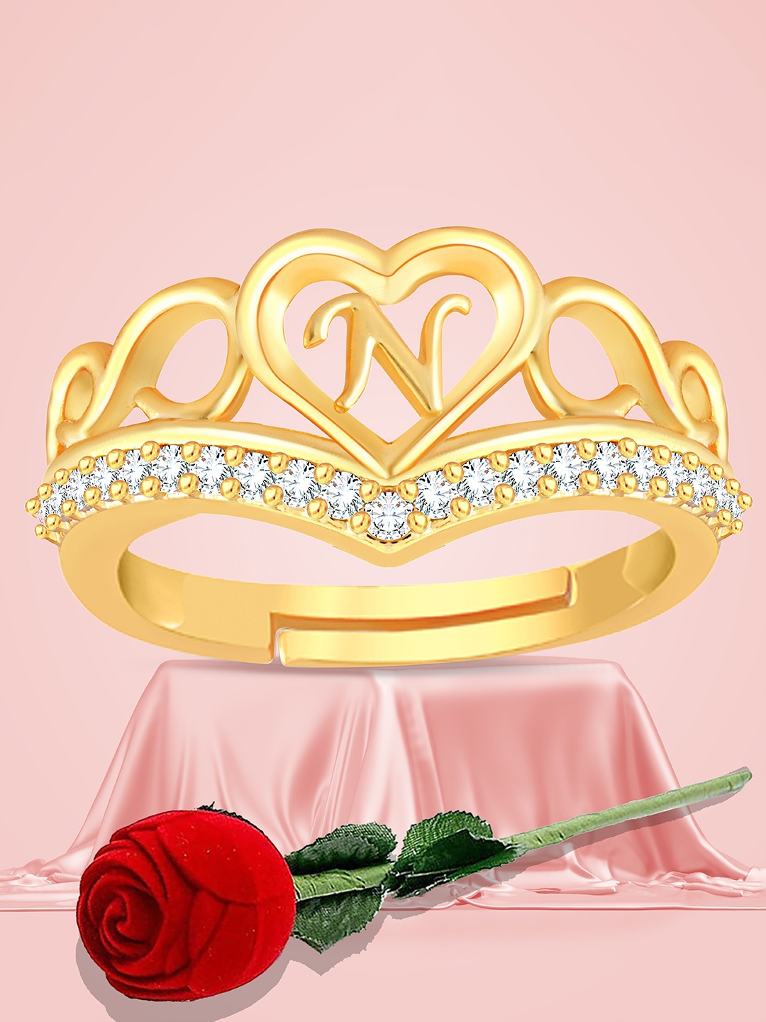 

Lila Gold-Plated American Diamond Stone Studded Alphabet N Adjustable Finger Ring