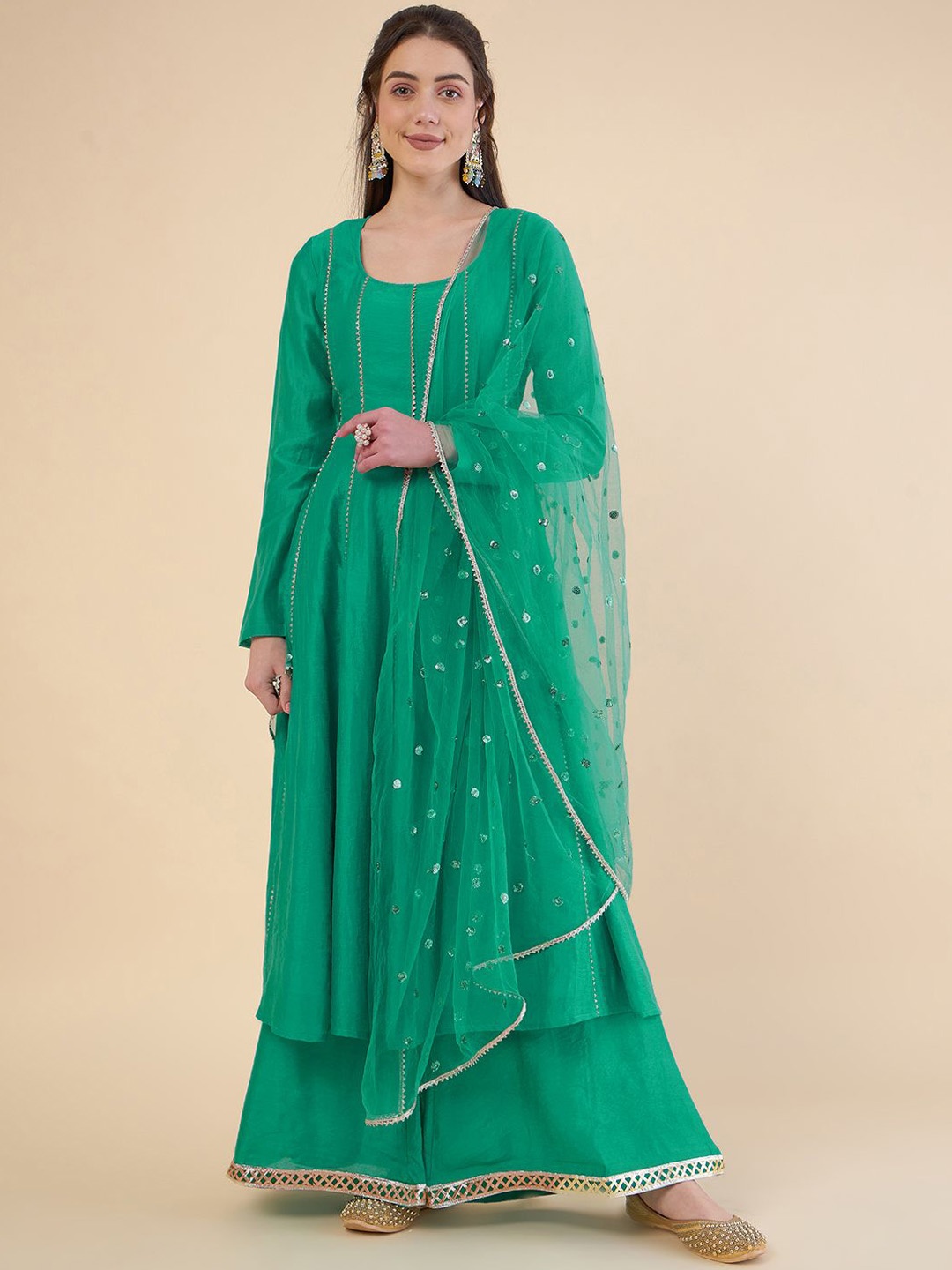 

ADORNIA Women Panelled Gotta Patti Kurta with Palazzos & With Dupatta, Green