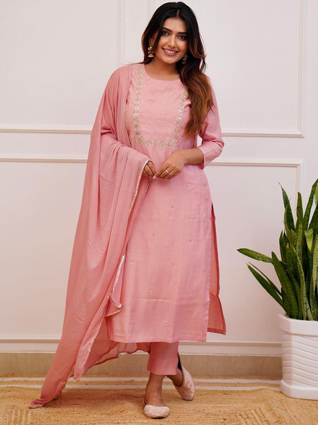 

KALINI Floral Embroidered Round Neck Regular Chanderi Silk Kurta & Trousers With Dupatta, Peach