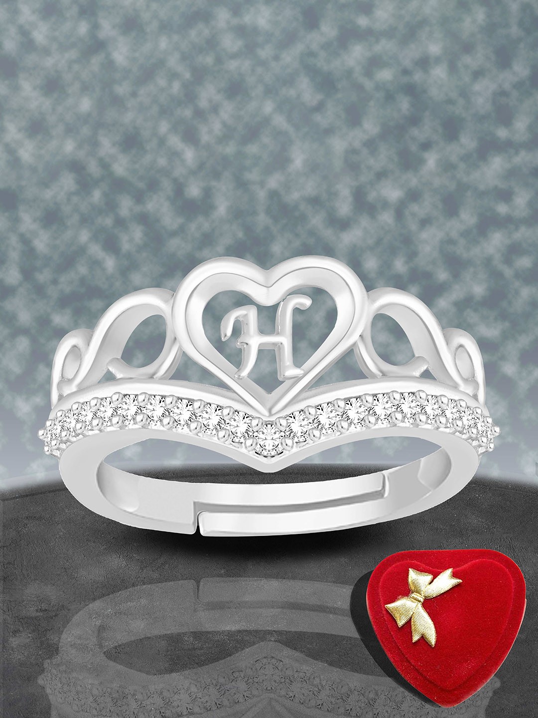 

Lila Unisex Silver-Plated AD Stone Studded Alphabet H Adjustable Finger Ring