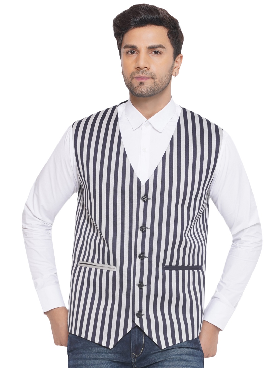 

VEERA PARIDHAAN Striped Slim-Fit Waistcoat, White