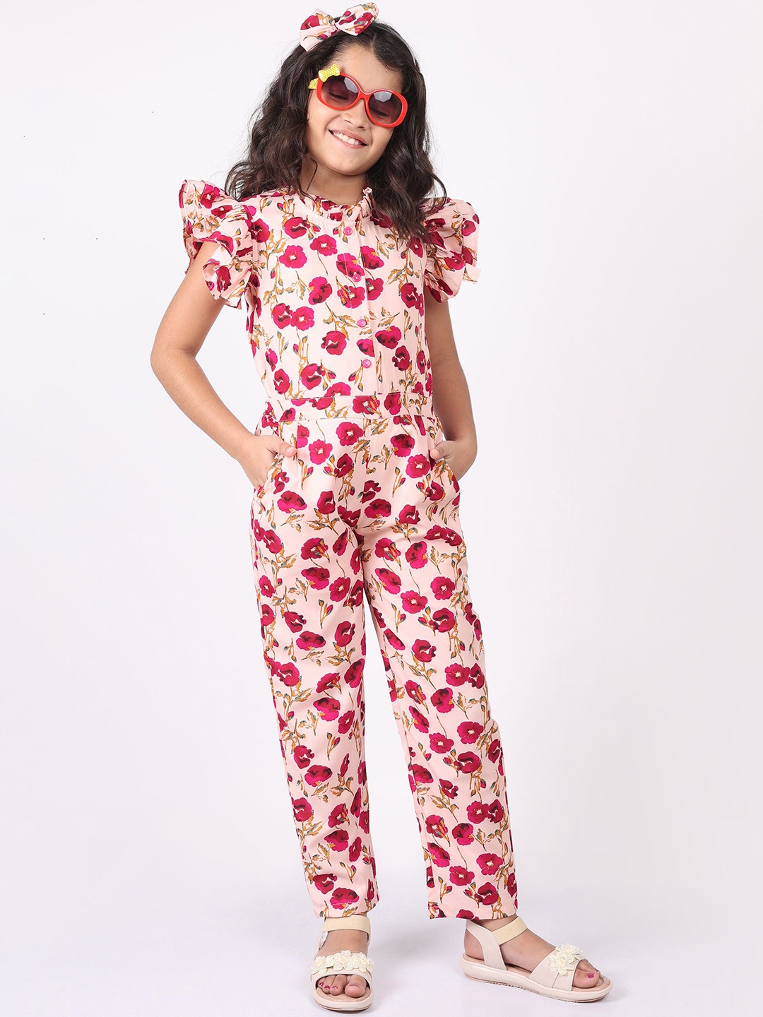 

SILK SPARROW Girls Printed Basic Jumpsuit with Ruffles, Peach