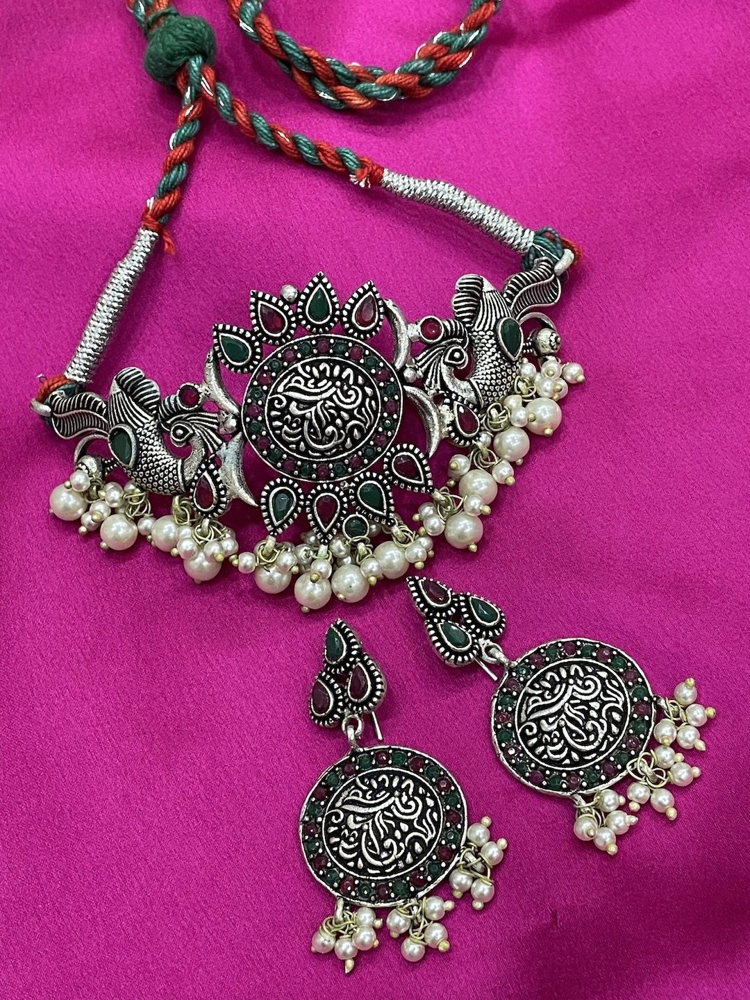 

Digital Dress Room Silver Plated Stone & Beaded Studded Peacock Necklace & Earrings