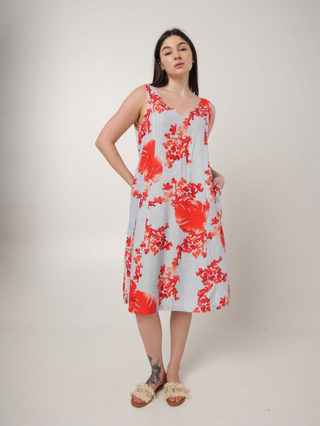 

Fabulous Print Linen A-Line Midi Dress, Grey