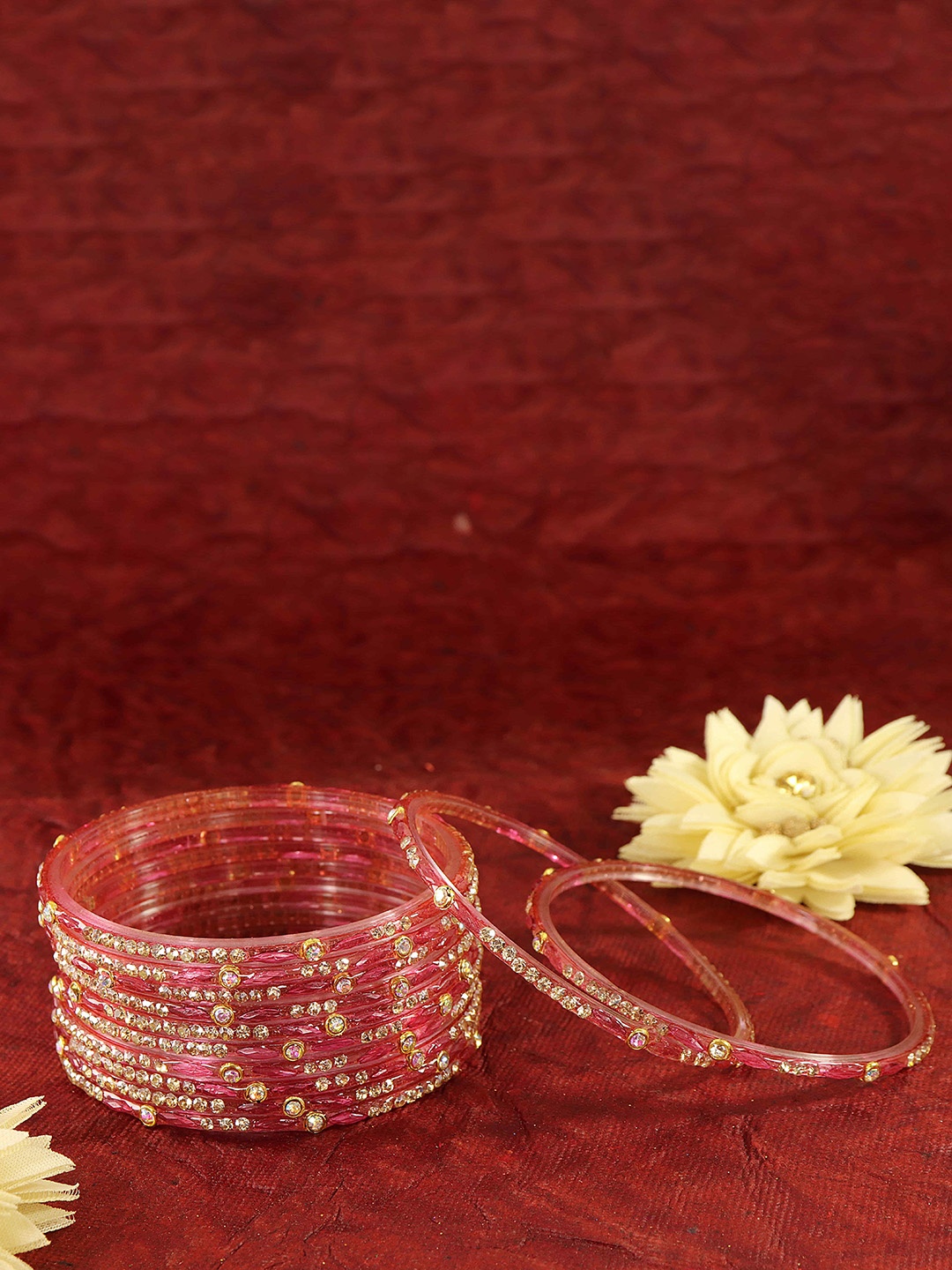 

LAVAZZA Set Of 12 Golden Zircon Diamond And Beaded Glass Bangles, Magenta