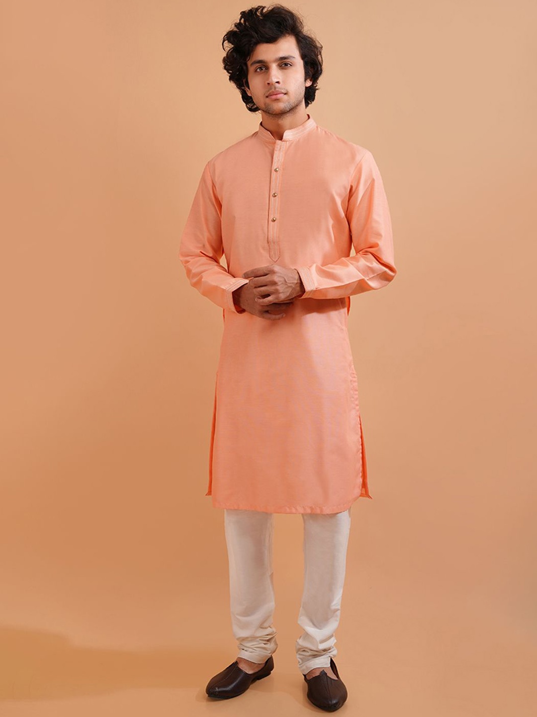 

azania Men Thread Work Pathani Kurta, Peach