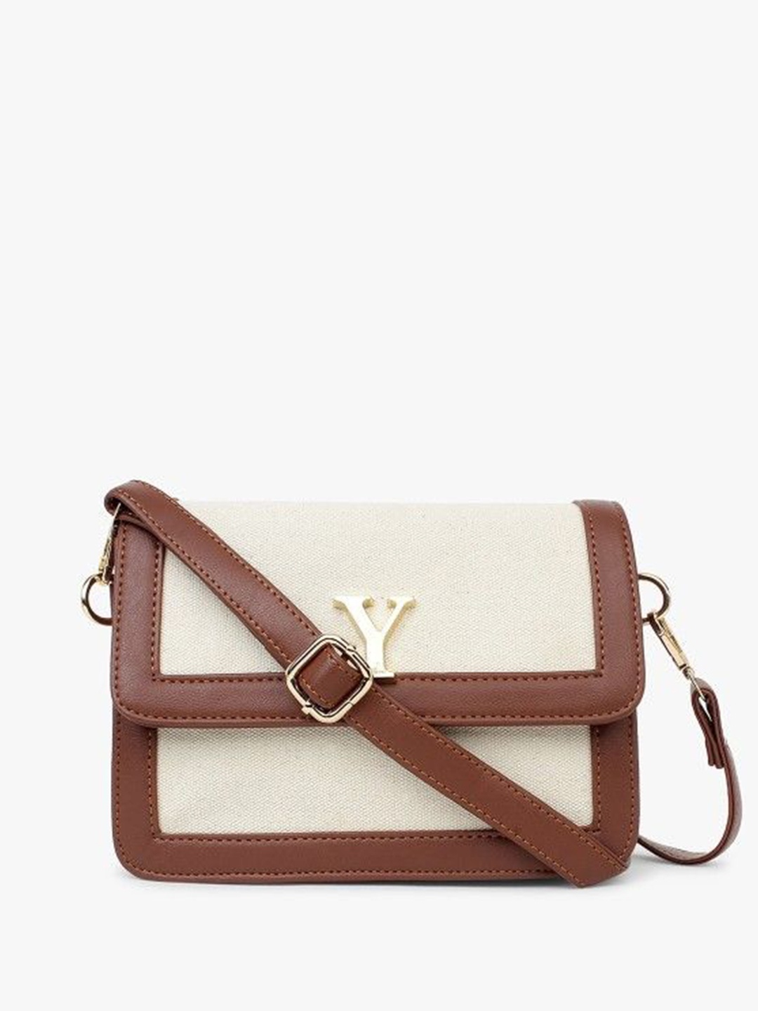 

yelloe Women Colourblocked Structured Sling Bag with Applique, Off white