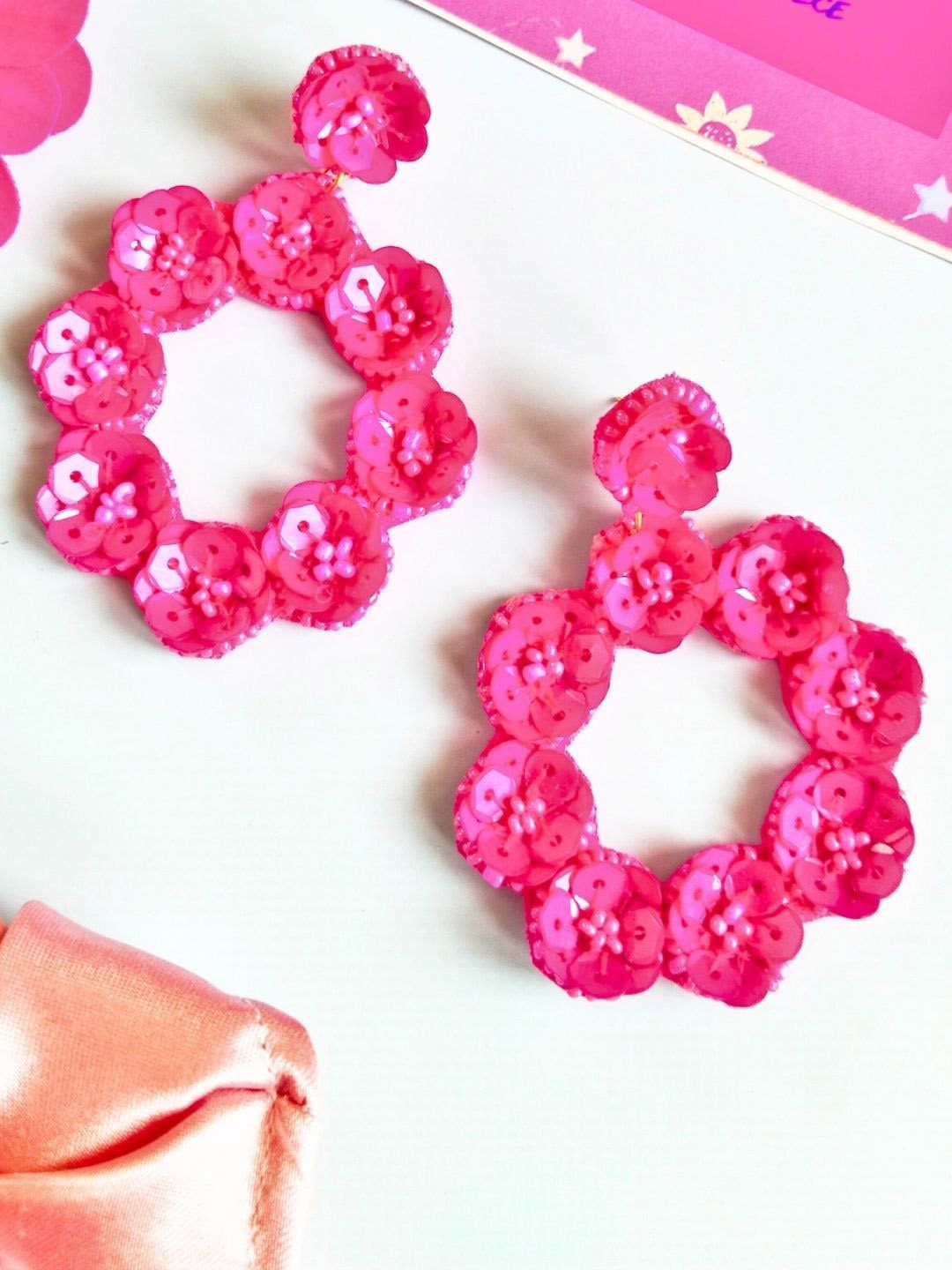 

Sangria Fabric Artificial Beads Beaded Drop Earrings, Pink