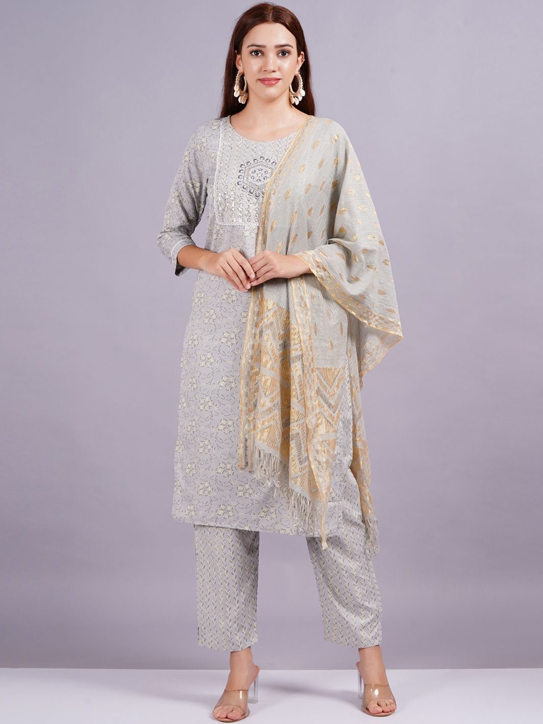 

JC4U Floral Printed Sequinned Round Neck Straight Kurta with Trouser & Dupatta, Grey