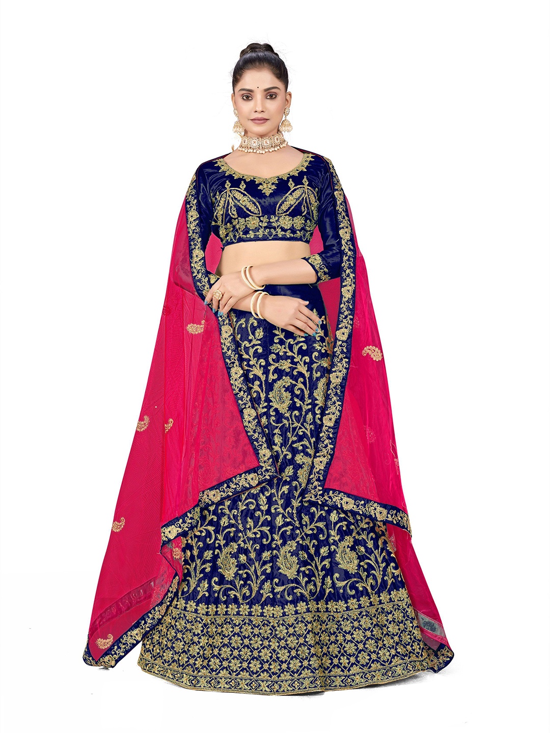 

Maroosh Women Embroidered Thread Work Unstitched Lehenga & Blouse With Dupatta, Blue