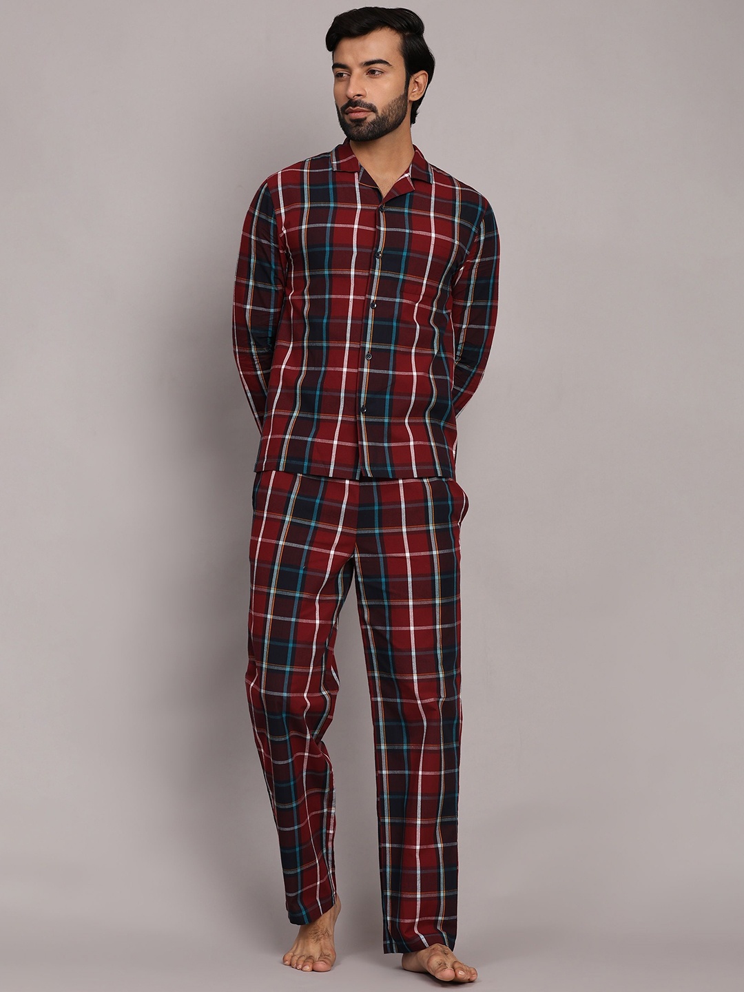

BStories Men Checked Night suit, Red