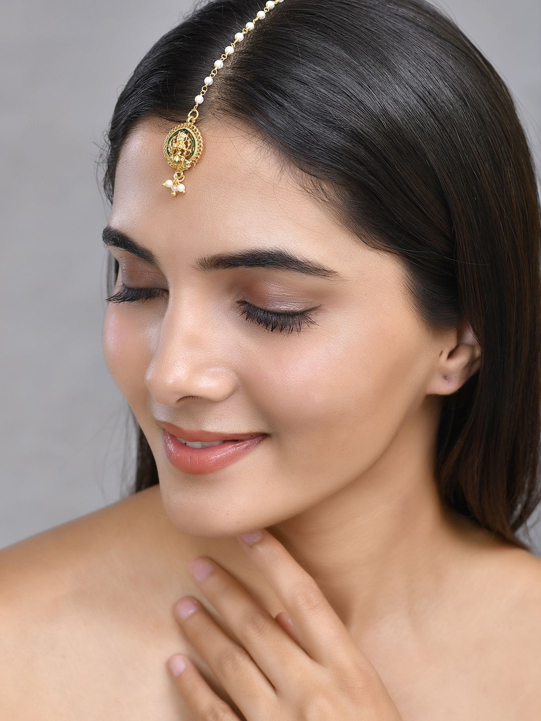 

Silvermerc Designs Gold Plated Pearls Studded Temple Maang Tikka