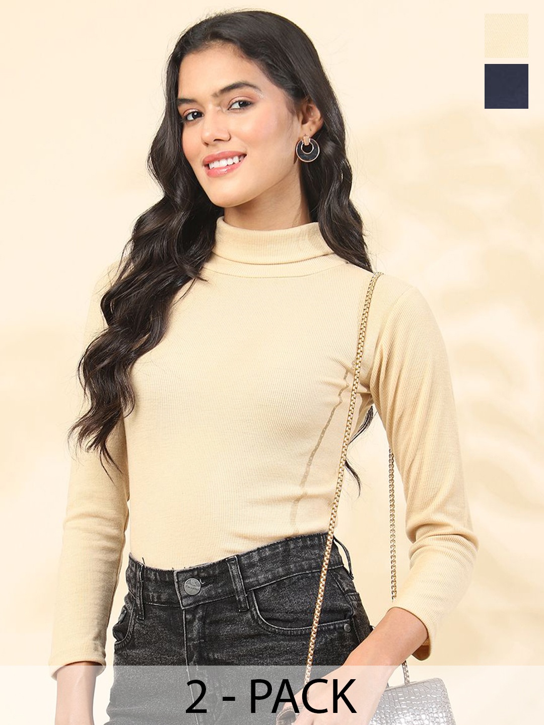 

Tulsattva Women Pack Of 2 Solid High Neck Cotton Tops, Beige