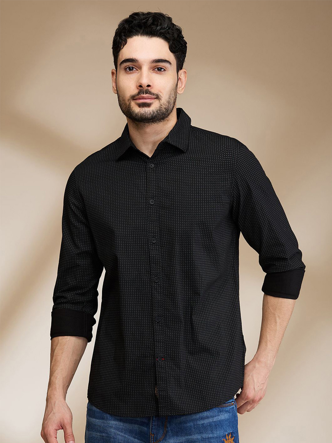 

Being Human Men Spread Collar Solid Cotton Slim Fit Casual Shirt, Black