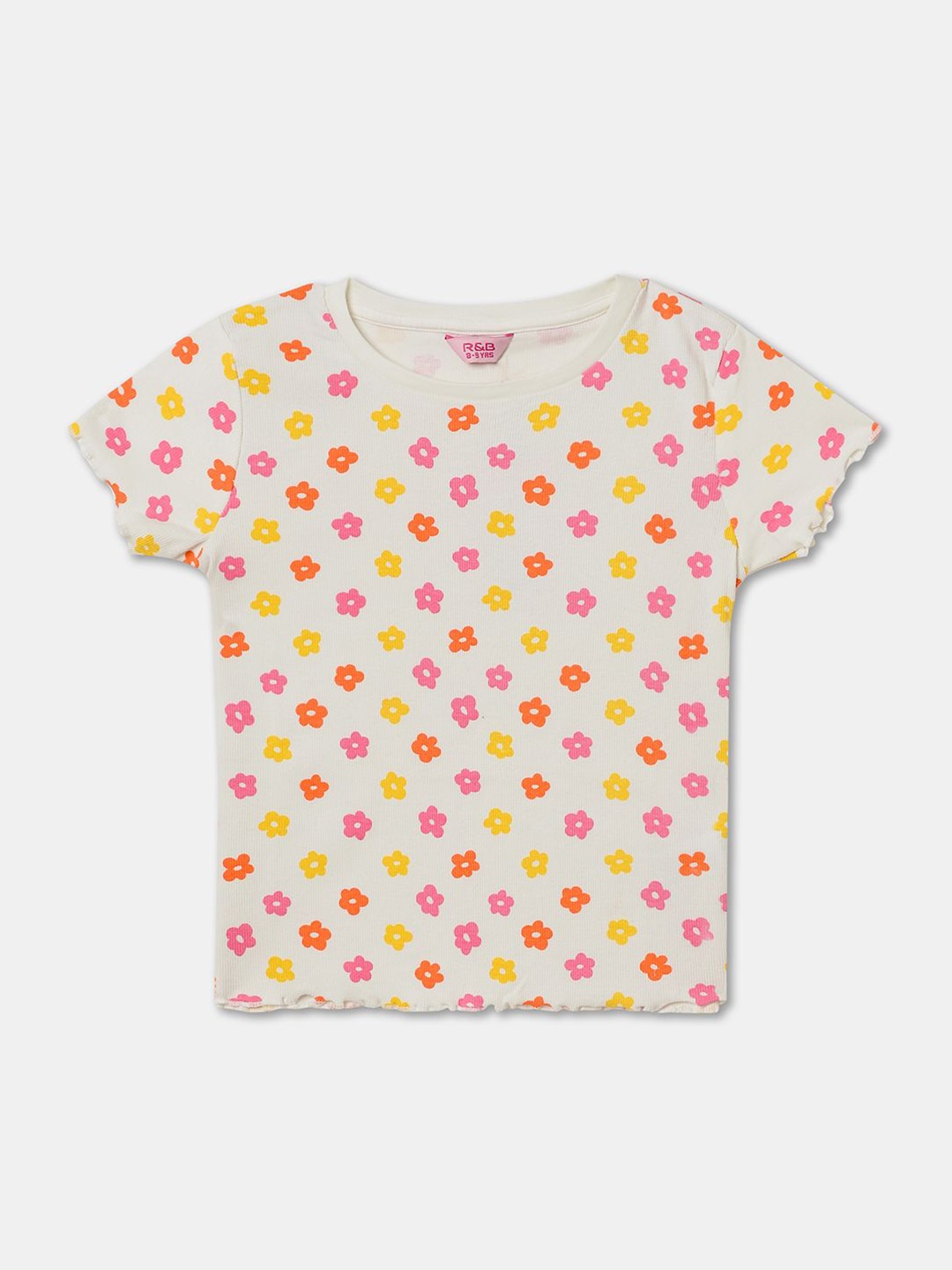 

R&B Girls Floral Printed Round Neck Cotton Top, White