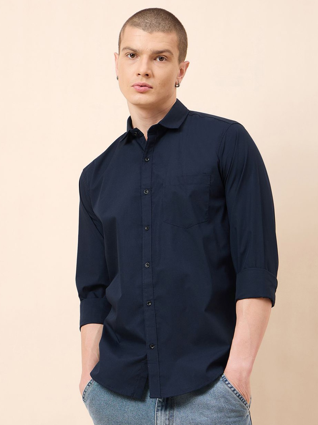 

STUDIO NEXX Men Standard Spread Collar Solid Cotton Casual Shirt, Navy blue