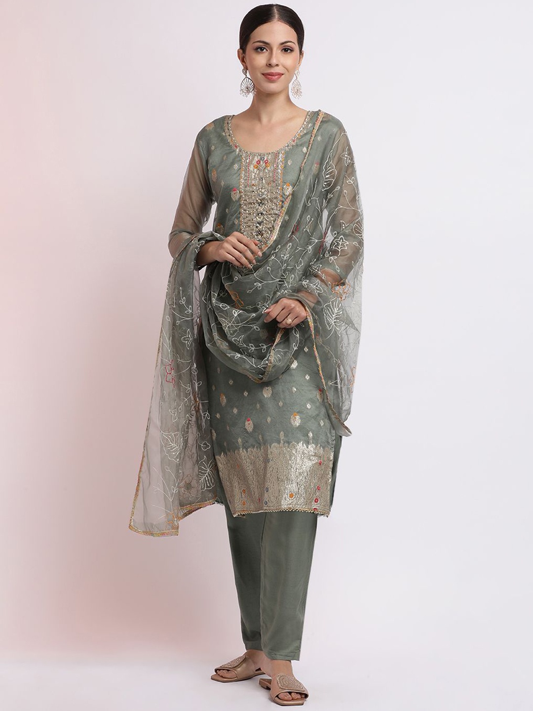 

Jaipur Kurti Embroidered Jacquard Kurta Set With Dupatta, Camel brown