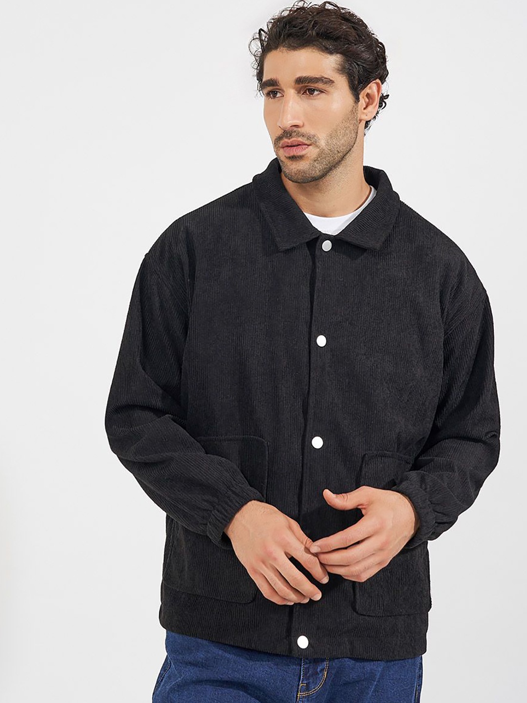 

Styli Men Self Design Spread Collar Snap Button Corduroy Weave Utility Tailored Jacket, Black