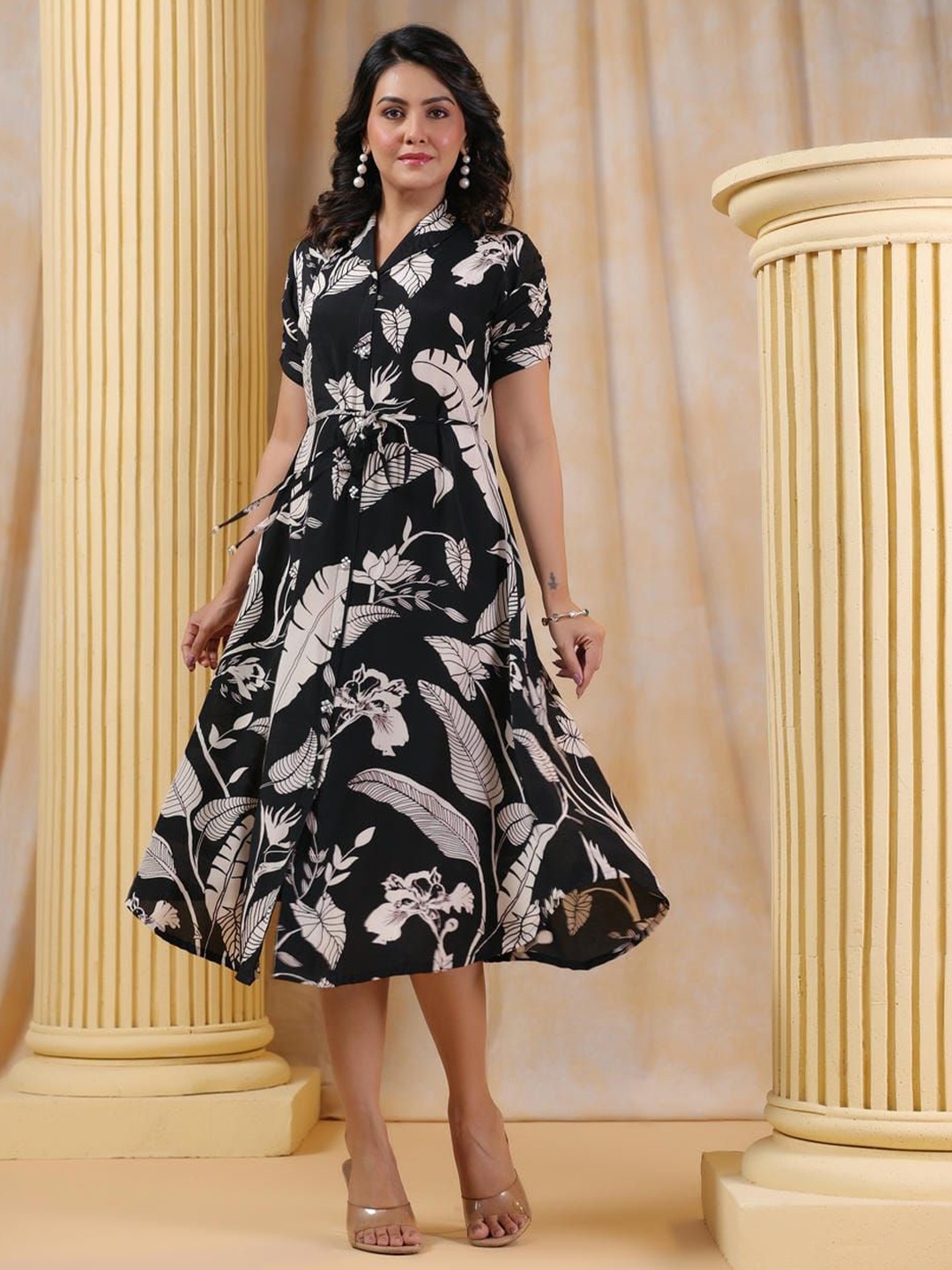 

Kaftanize Floral Print A-Line Dress, Black