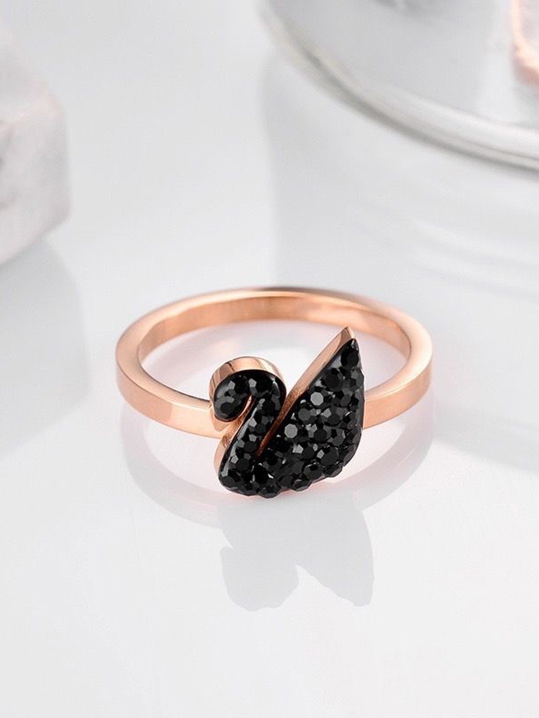 

MYKI Rose Gold-Plated Stainless Steel Cubic Zirconia-Stone-Studded Swan Finger Ring
