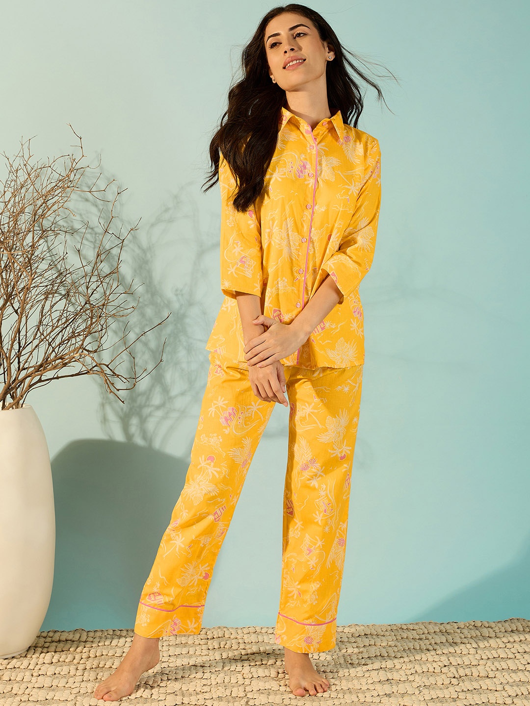

The Kaftan Company Women Printed Night suit, Yellow