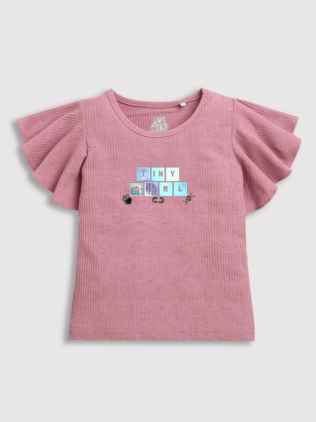 

Tiny Girl Self Design Round Neck Cotton Top, Pink