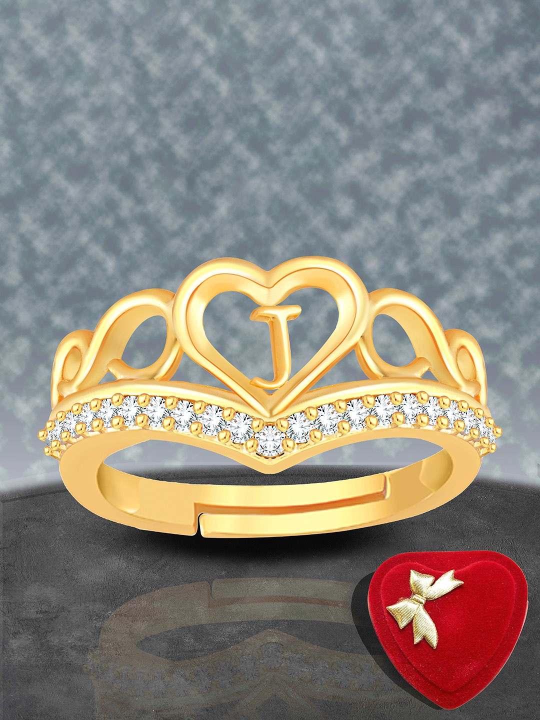 

Lila Gold-Plated American Diamond Stone Studded Alphabet J Adjustable Finger Ring