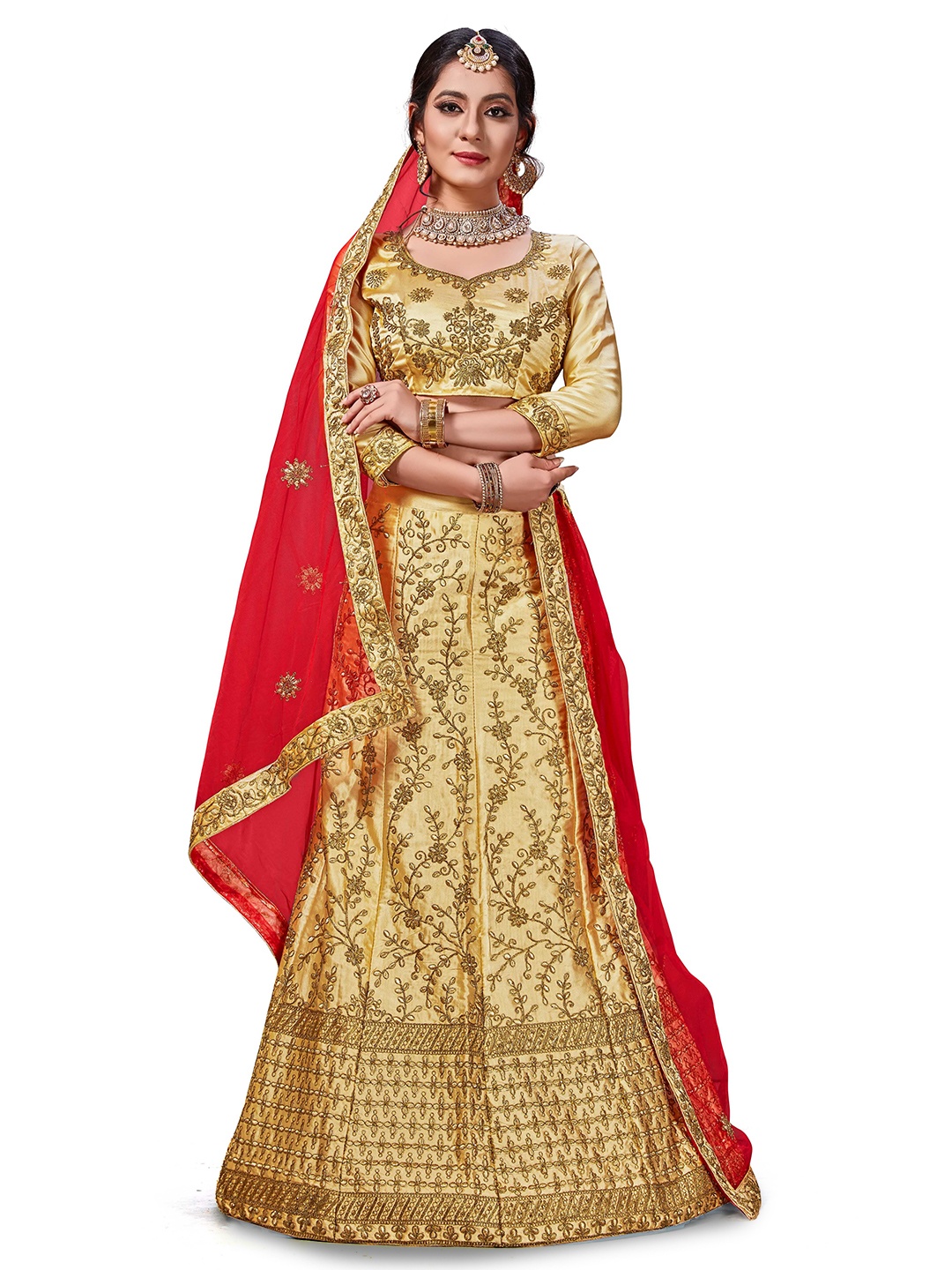 

Maroosh Embroidered Thread Work Unstitched Lehenga & Blouse With Dupatta, Beige