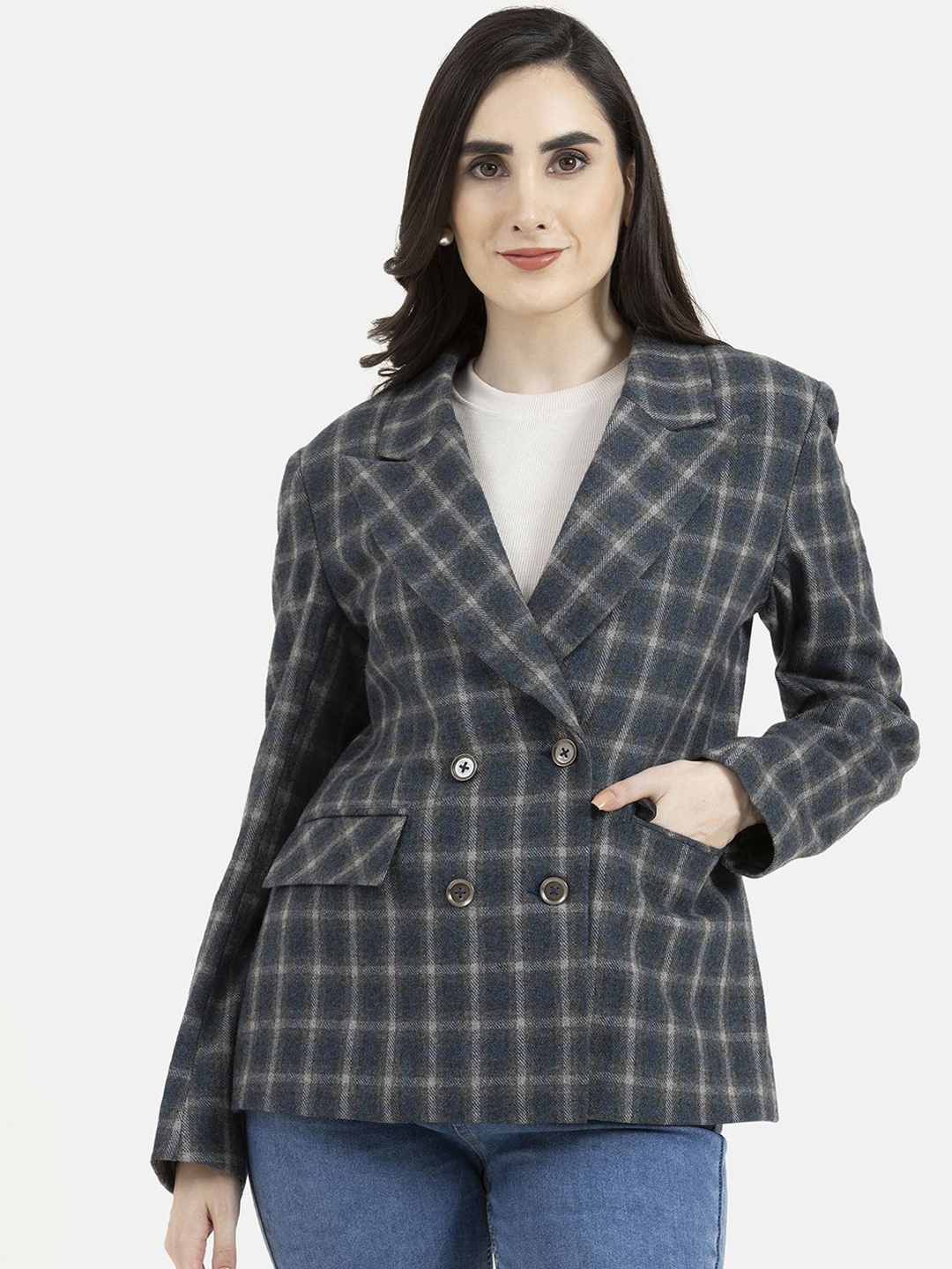 

Owncraft Checked Double Breasted Wool Trench Coat, Blue