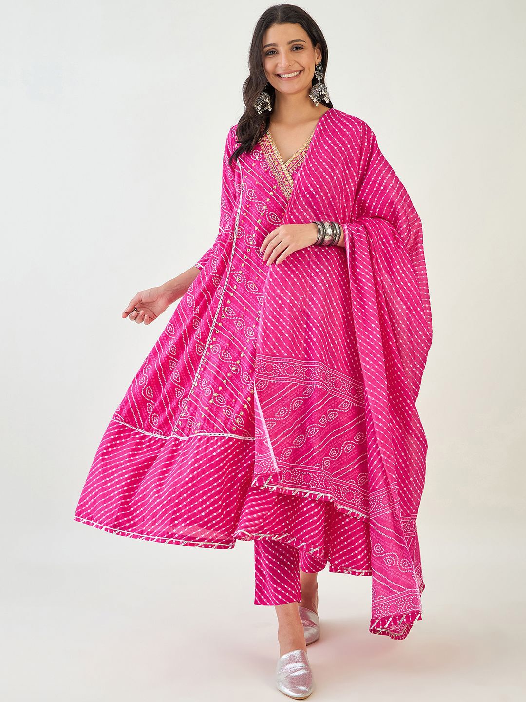 

Anouk Women Bandhani Embroidered Angrakha Pure Cotton Kurta with Trousers & With Dupatta, Pink