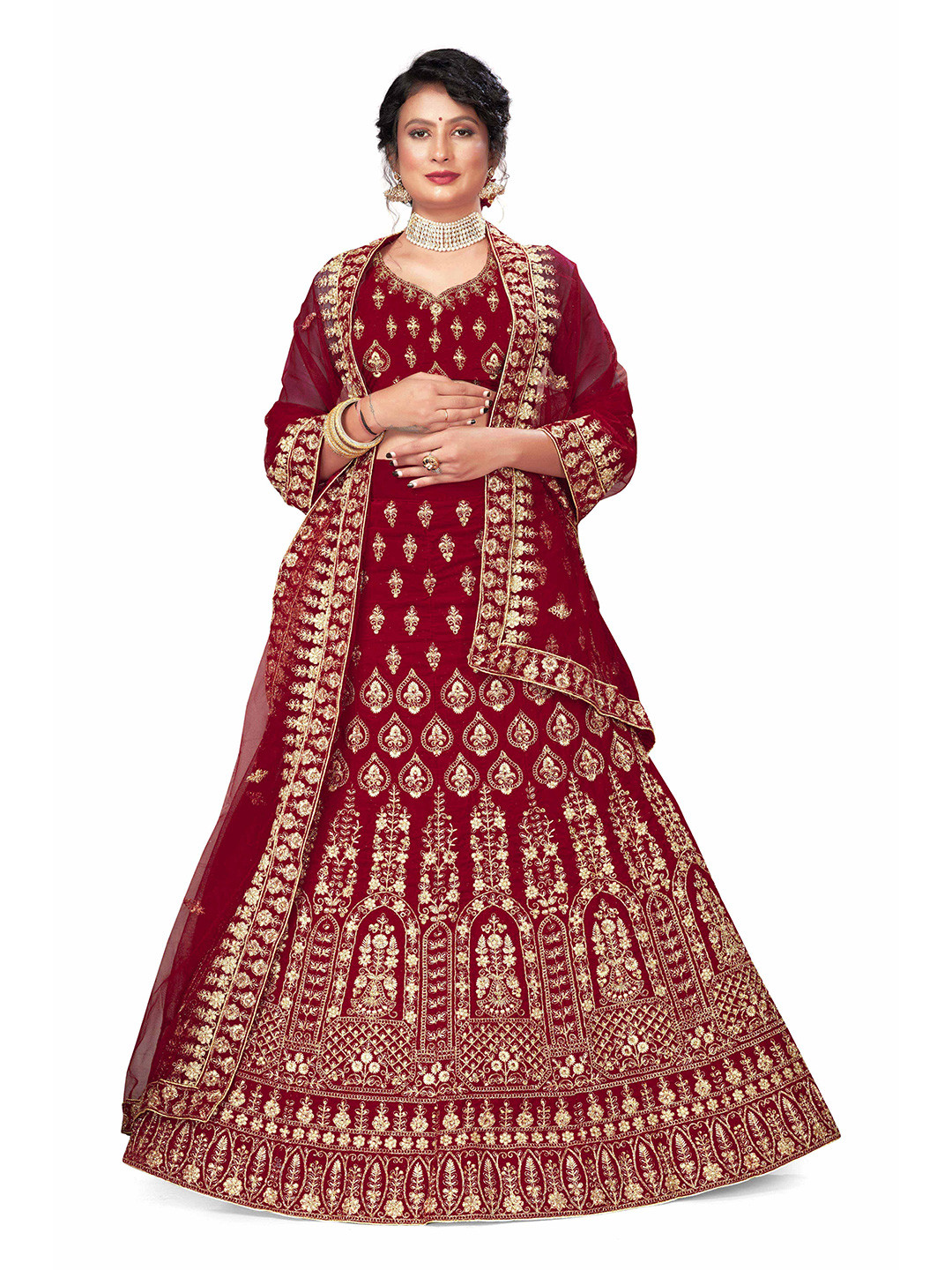 

Maroosh Embellished Thread Work Unstitched Lehenga & Blouse With Dupatta, Maroon