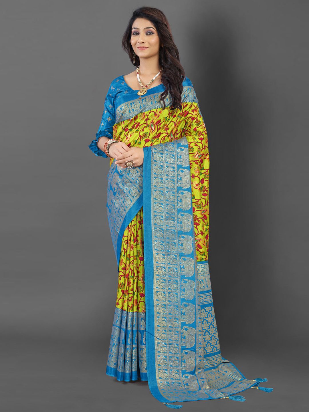 

Mitera Floral Printed Zari Pochampally Saree, Green