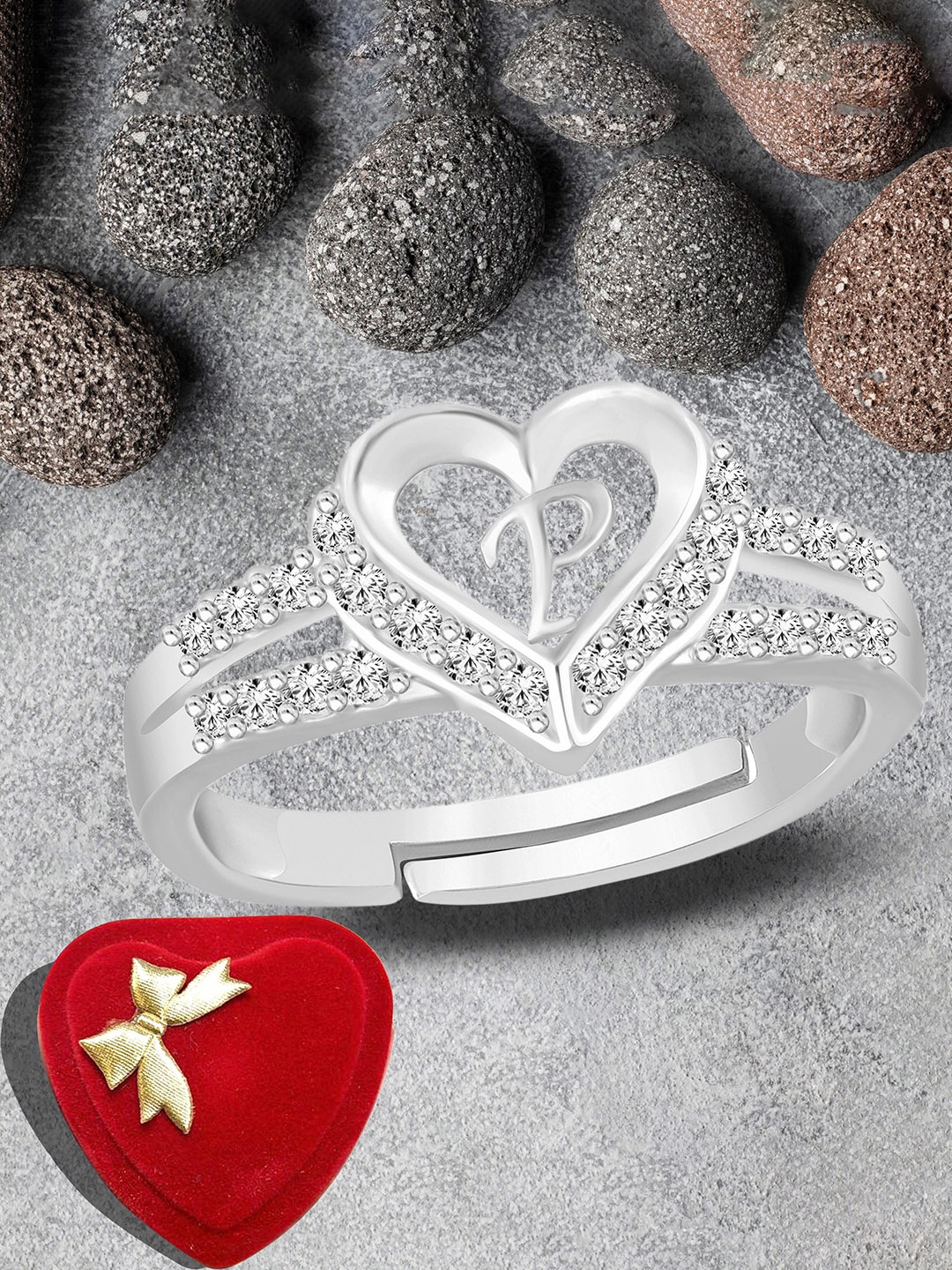 

Lila Unisex Sliver-Plated American Diamond-Studded Alphabet P Valentine Adjustable Ring, Silver